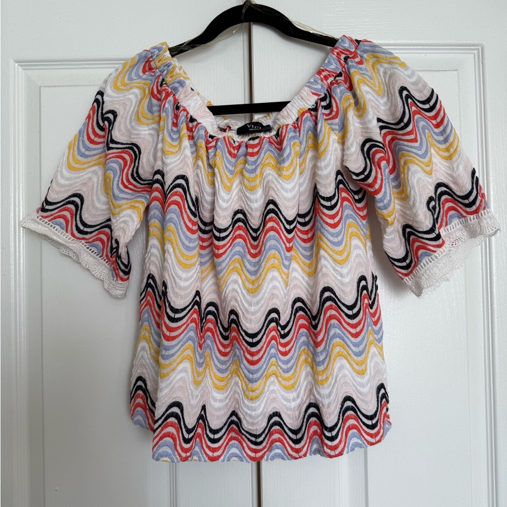 Vici Multicolor Wave-Pattern, Embroidered, Off-the-shoulder Top